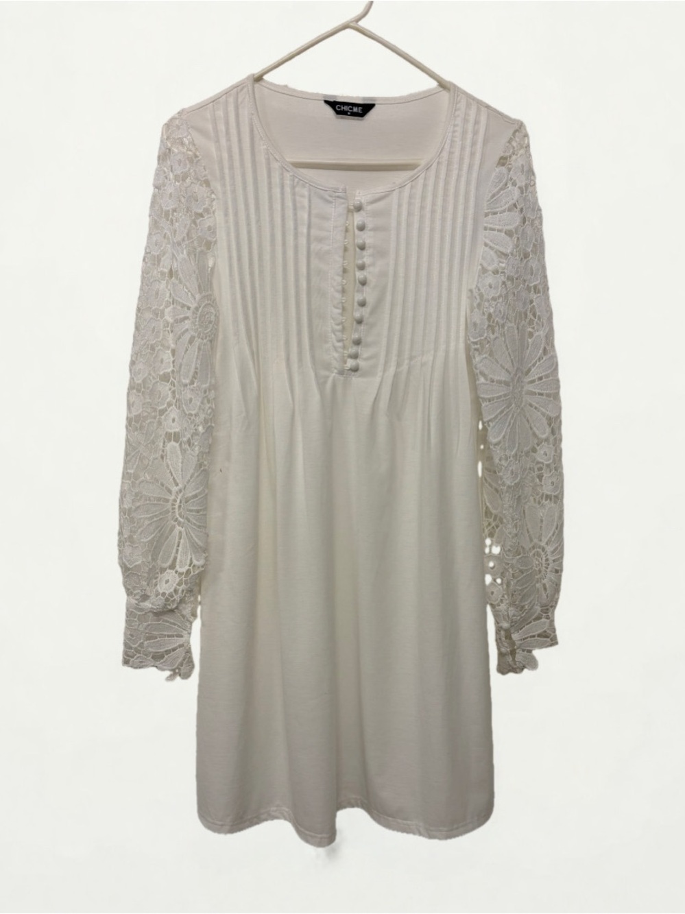 Chicme Ivory Lace-Sleeve Pintuck Long-Sleeve Dress